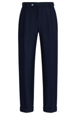 Hugo Boss Relaxed-fit Trousers In Herringbone Virgin Wool And Linen In Light Blue