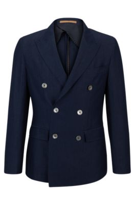 Shop Hugo Boss Slim-fit Jacket In Herringbone Virgin Wool And Linen In Light Blue