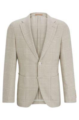 Hugo Boss Slim-fit Jacket In Checked Wool, Linen And Silk In Light Beige