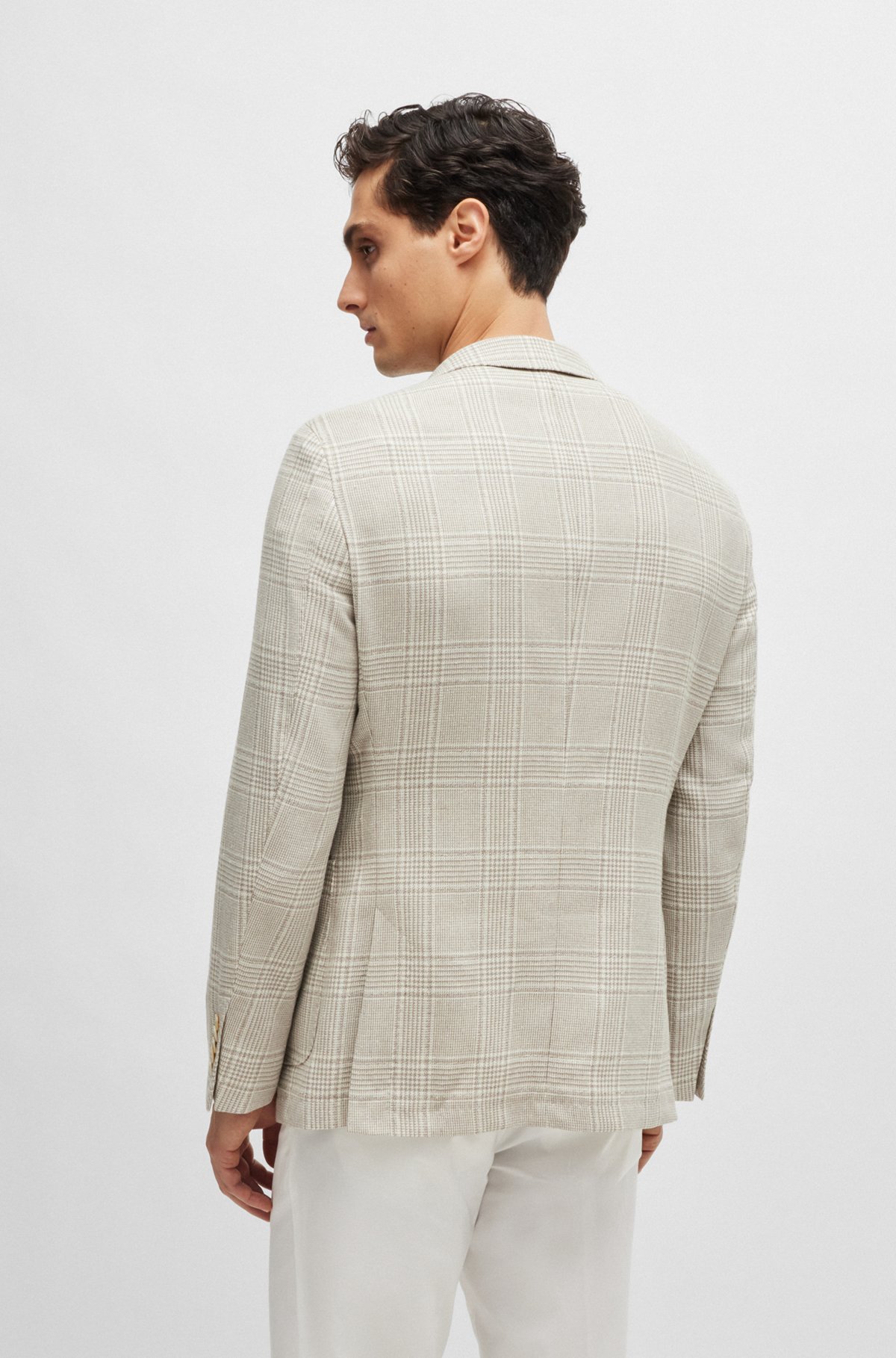 BOSS - Slim-fit jacket in checked wool, linen and silk BOSS - Slim-fit jacket in checked wool, linen and silk