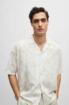 Camisa relaxed fit con estampado de temporada y cuello cubano, Blanco