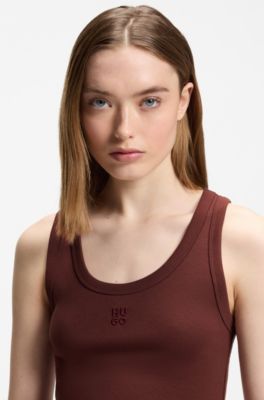 Camiseta sin mangas de algod&oacute;n con logo apilado bordado, Marr&oacute;n