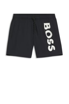 Quick-dry swim shorts with vertical logo print, Black