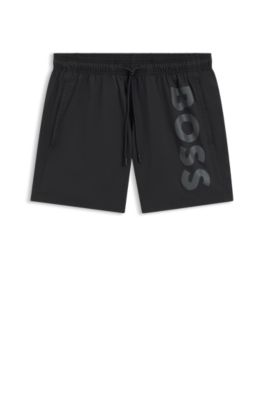 Quick-dry swim shorts with vertical logo print, Dark Grey