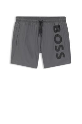 Quick-dry swim shorts with vertical logo print, Dark Grey