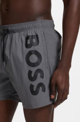 Quick-dry swim shorts with vertical logo print, Dark Grey