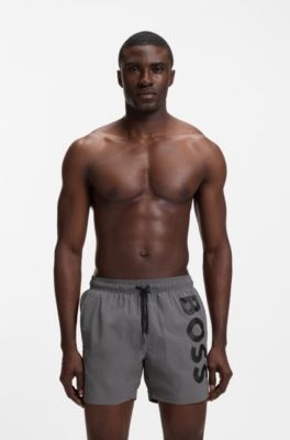 Quick-dry swim shorts with vertical logo print, Dark Grey