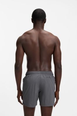 Quick-dry swim shorts with vertical logo print, Dark Grey