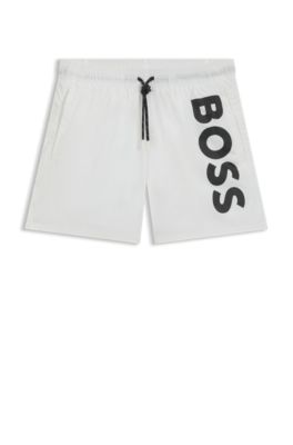 Short de bain &agrave; s&eacute;chage rapide et logo imprim&eacute; vertical, Blanc