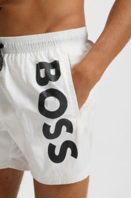 Short de bain &agrave; s&eacute;chage rapide et logo imprim&eacute; vertical, Blanc