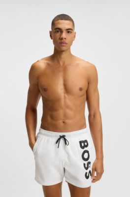 Quick-dry swim shorts with vertical logo print, White