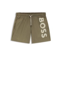 Quick-dry swim shorts with vertical logo print, Light Brown