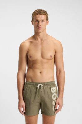 Quick-dry swim shorts with vertical logo print, Light Brown