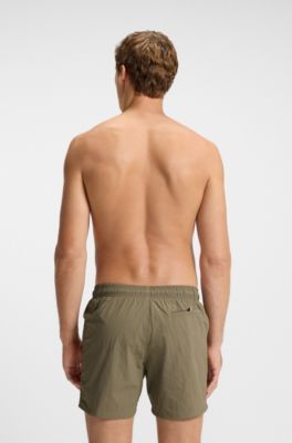 Quick-dry swim shorts with vertical logo print, Light Brown