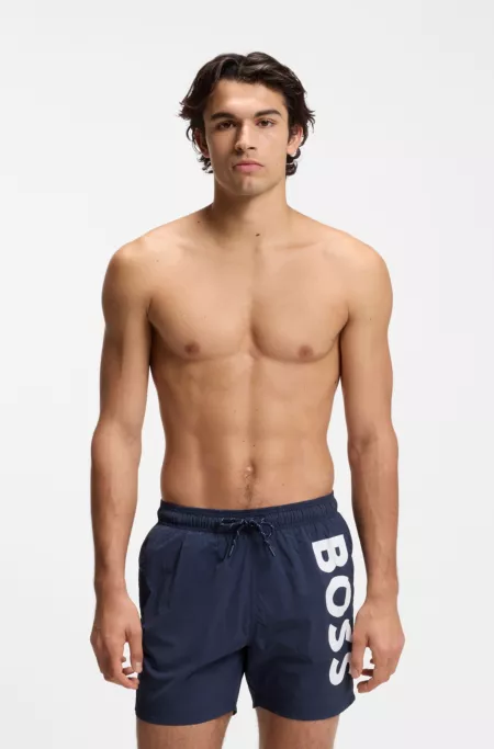 Quick-dry swim shorts with vertical logo print