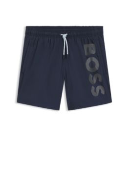 Quick-dry swim shorts with vertical logo print, Dark Blue
