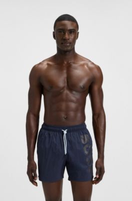 Quick-dry swim shorts with vertical logo print, Dark Blue