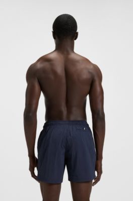 Quick-dry swim shorts with vertical logo print, Dark Blue