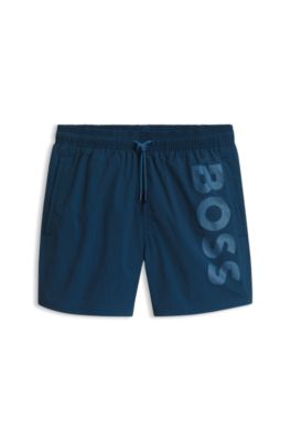 Quick-drying swim shorts with printed logo, Dark Blue