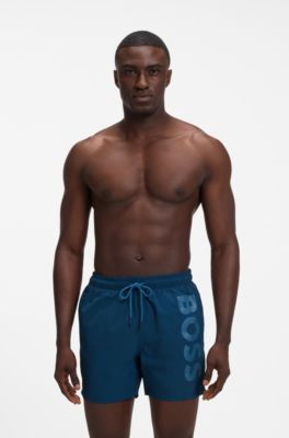 Quick-drying swim shorts with printed logo, Dark Blue