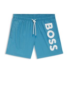 Quick-drying swim shorts with printed logo, Turquoise