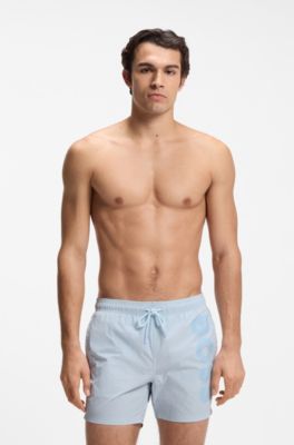 Quick-dry swim shorts with vertical logo print, Light Blue