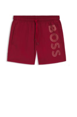 Quick-dry swim shorts with vertical logo print, Red