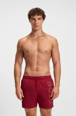Quick-dry swim shorts with vertical logo print, Red