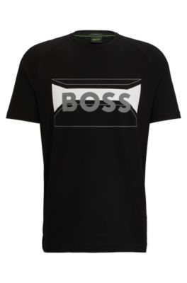 Shop Hugo Boss Cotton-blend Regular-fit T-shirt With Logo Artwork In Black