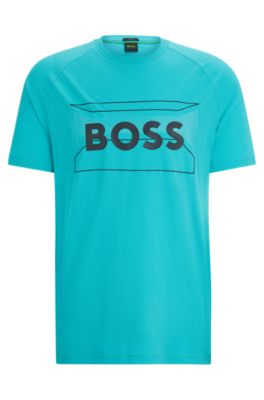 Shop Hugo Boss Cotton-blend Regular-fit T-shirt With Logo Artwork In Light Green