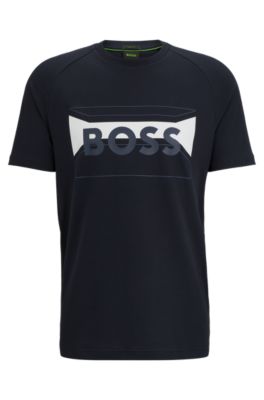 Shop Hugo Boss Cotton-blend Regular-fit T-shirt With Logo Artwork In Dark Blue