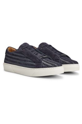 Hugo Boss Italian-made Woven Trainers In Leather And Suede In Dark Blue