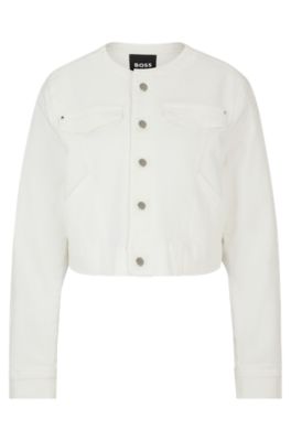 Hugo Boss Collarless Jacket In Italian Cotton Denim In White