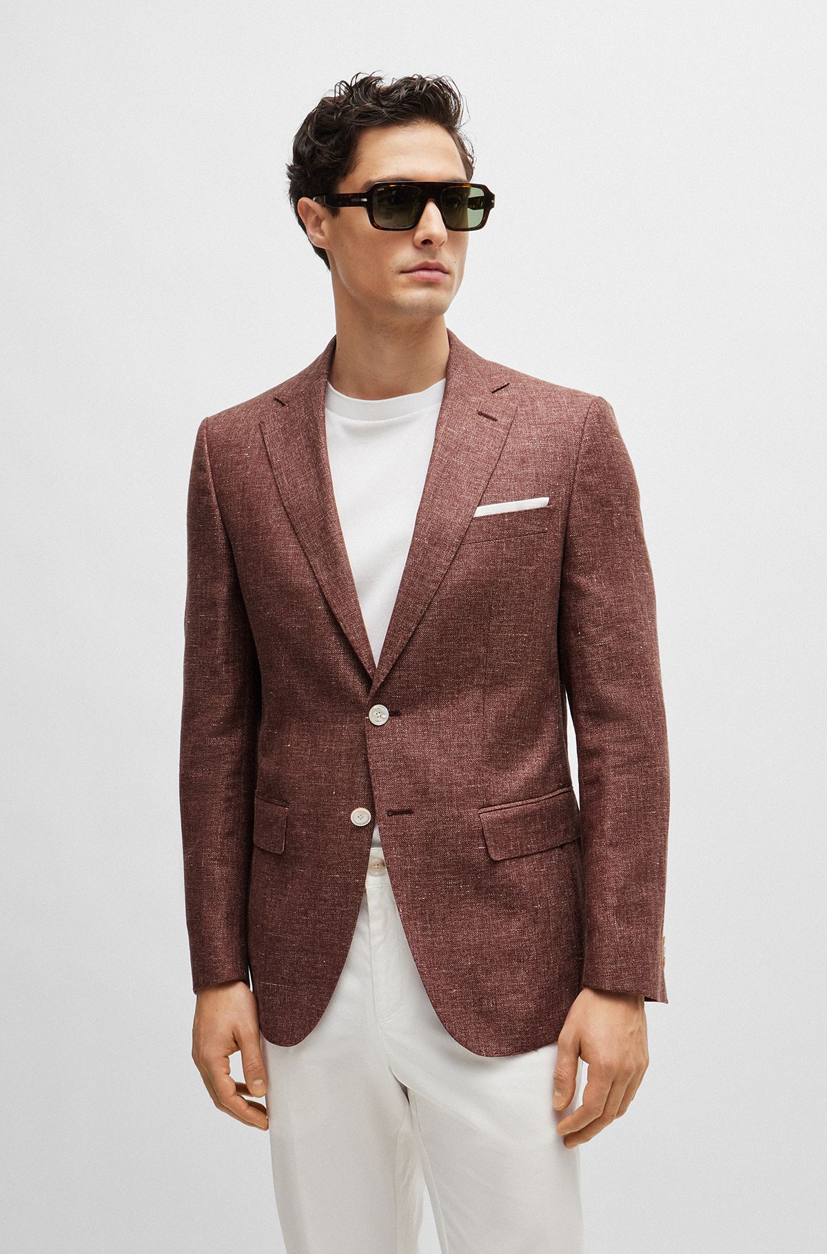 Slim-fit jacket in patterned virgin wool and linen, Light Brown
