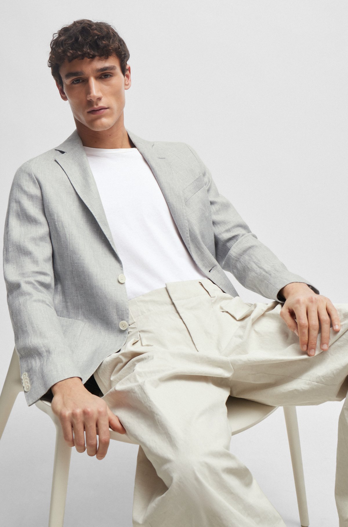 BOSS - Slim-fit jacket in a micro-patterned linen blend - Silver BOSS - Slim-fit jacket in a micro-patterned linen blend - Silver