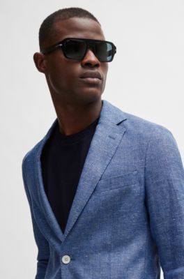 Micro-patterned slim-fit jacket in a linen blend, Blue