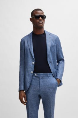 Micro-patterned slim-fit jacket in a linen blend, Blue