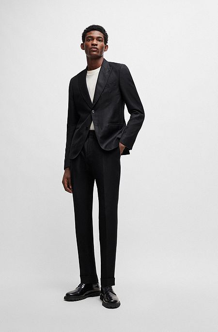 Slim-fit suit in melange wool and linen, Black