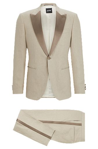 Slim-fit tuxedo in micro-patterned linen, Khaki