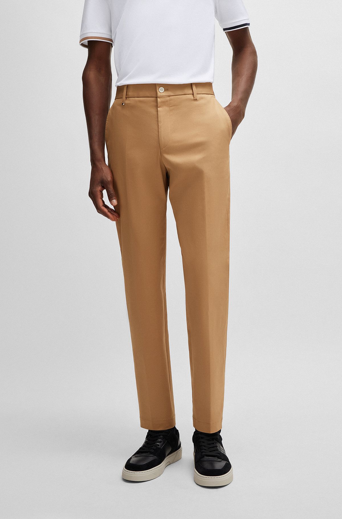 Relaxed-fit button-up trousers in stretch cotton, Beige