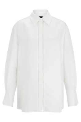 Hugo Boss Long-sleeved Blouse With Ladder-lace Trim In White