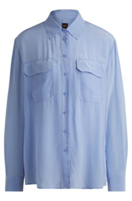 Hugo Boss Relaxed-fit Blouse In Sandwashed Canvas With Point Collar In Blue