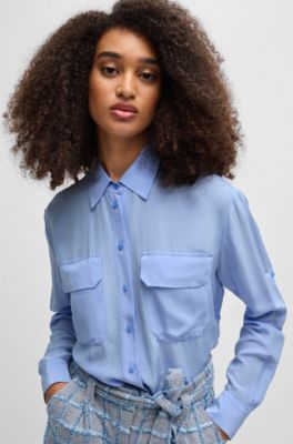 Relaxed-fit blouse in sandwashed canvas with point collar, Blue