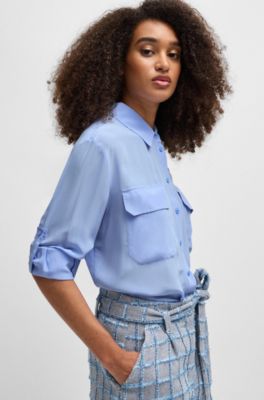 Relaxed-fit blouse in sandwashed canvas with point collar, Blue