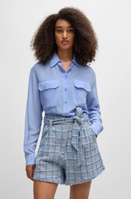 Relaxed-fit blouse in sandwashed canvas with point collar, Blue