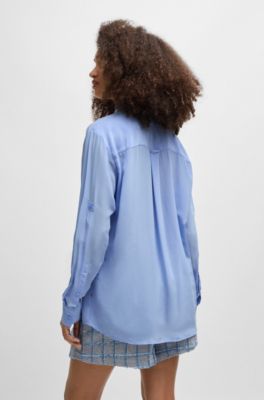 Relaxed-fit blouse in sandwashed canvas with point collar, Blue
