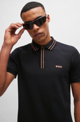 Stretch-cotton polo shirt with stripes and logo, Black