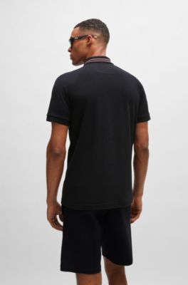 Stretch-cotton polo shirt with stripes and logo, Black