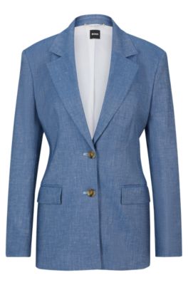 Shop Hugo Boss Single-breasted Jacket In Linen, Cotton And Stretch In Light Blue
