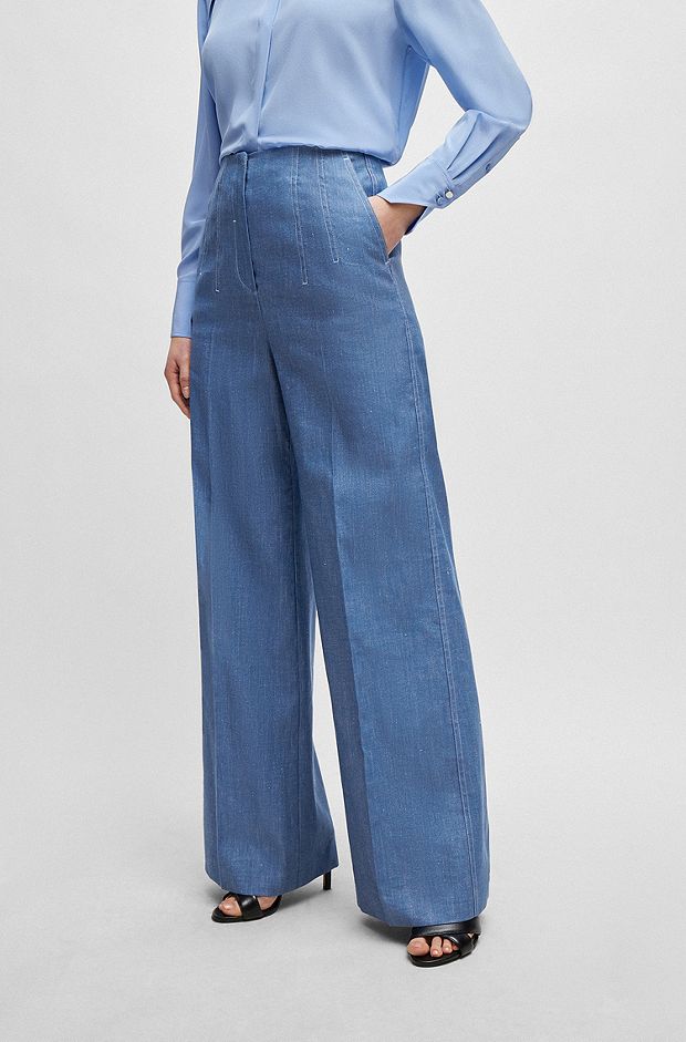 Relaxed-fit trousers in linen, cotton and stretch, Light Blue